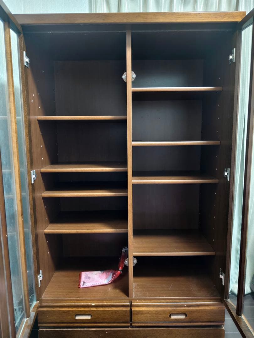 ダークブラウン 木製 キャビネット ガラス扉付き　87.5×45.5×145