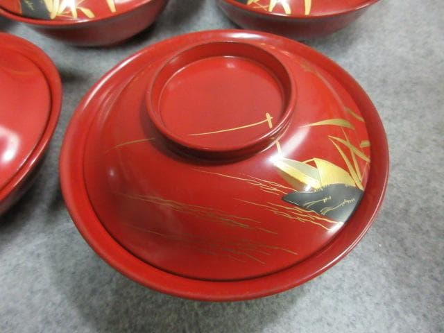 朱塗 蒔絵 風景 梅椀 10個 [B22255]