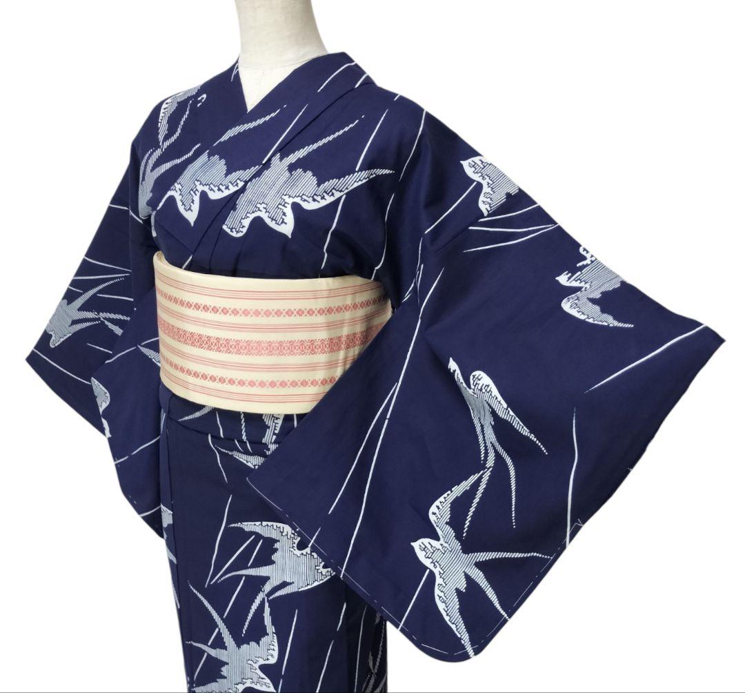 【浴衣】燕模様　ツバメ　鳥　未使用品　藍染 注染　紺　ネイビー レトロ　古典 綿