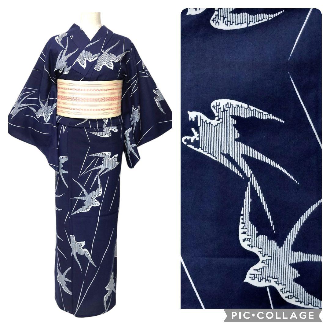 【浴衣】燕模様　ツバメ　鳥　未使用品　藍染 注染　紺　ネイビー レトロ　古典 綿