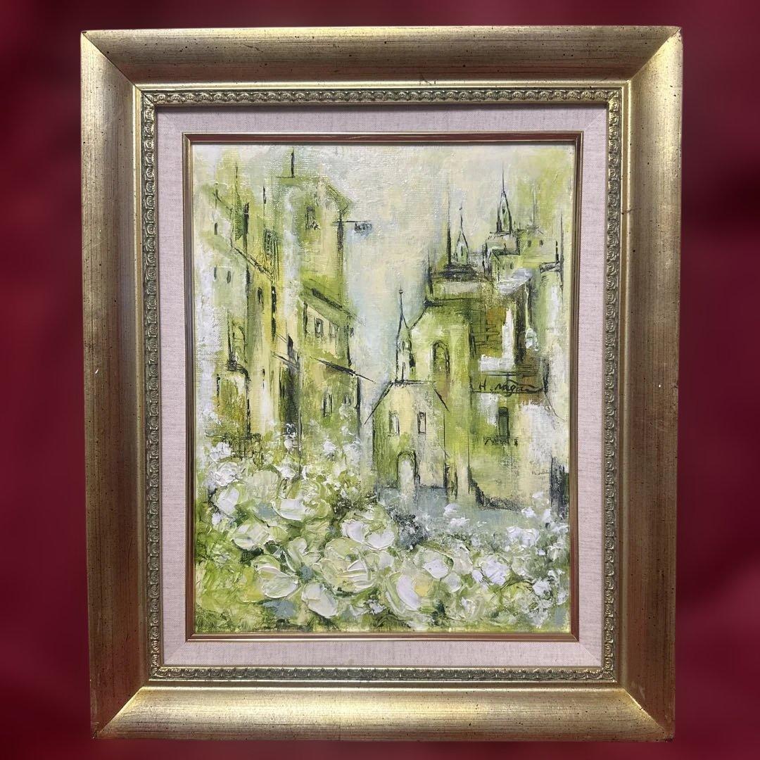 ブ*リ様 セピア色　油彩画　永井弘子　街角の白いバラ　絵画　真作　肉筆　美術品