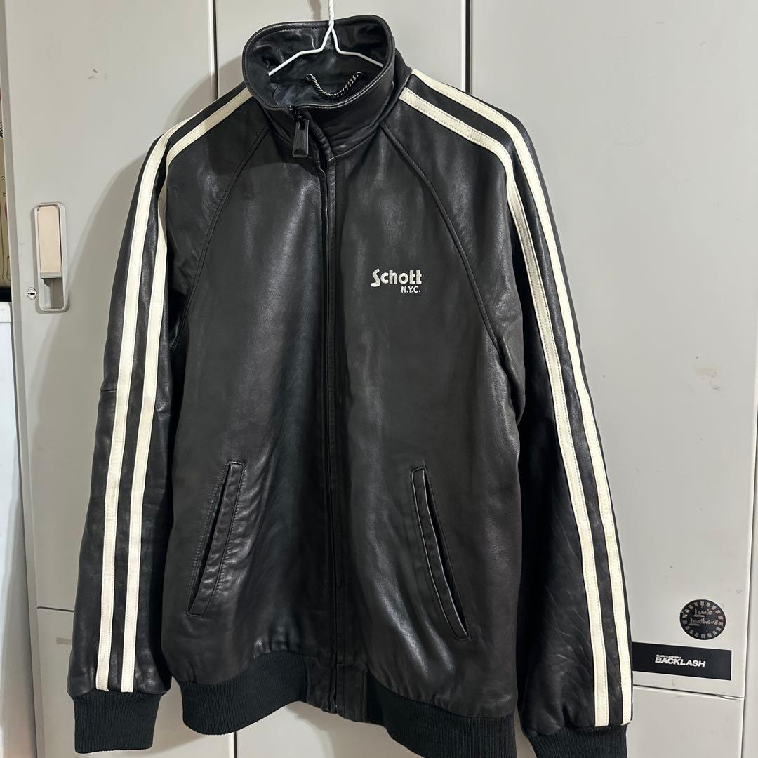 SCHOTT　羊革　レザージャケット　ロゴ刺繍　黒　L