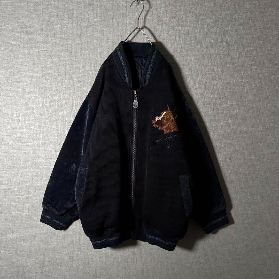 ハーディエイミス ブルゾン ベロア切替 刺繍 裏地キルティング ネイビー XL