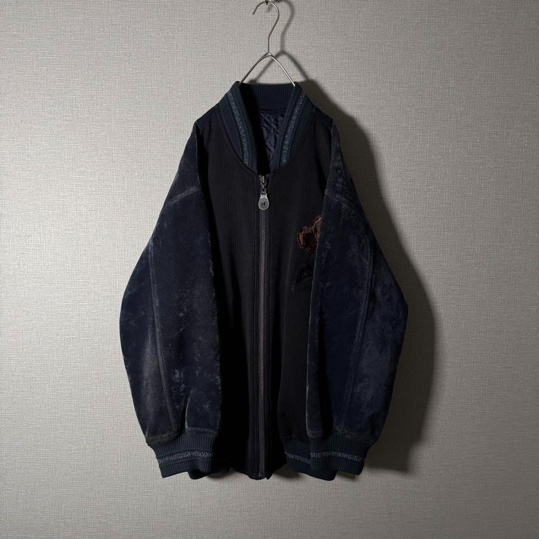 ハーディエイミス ブルゾン ベロア切替 刺繍 裏地キルティング ネイビー XL