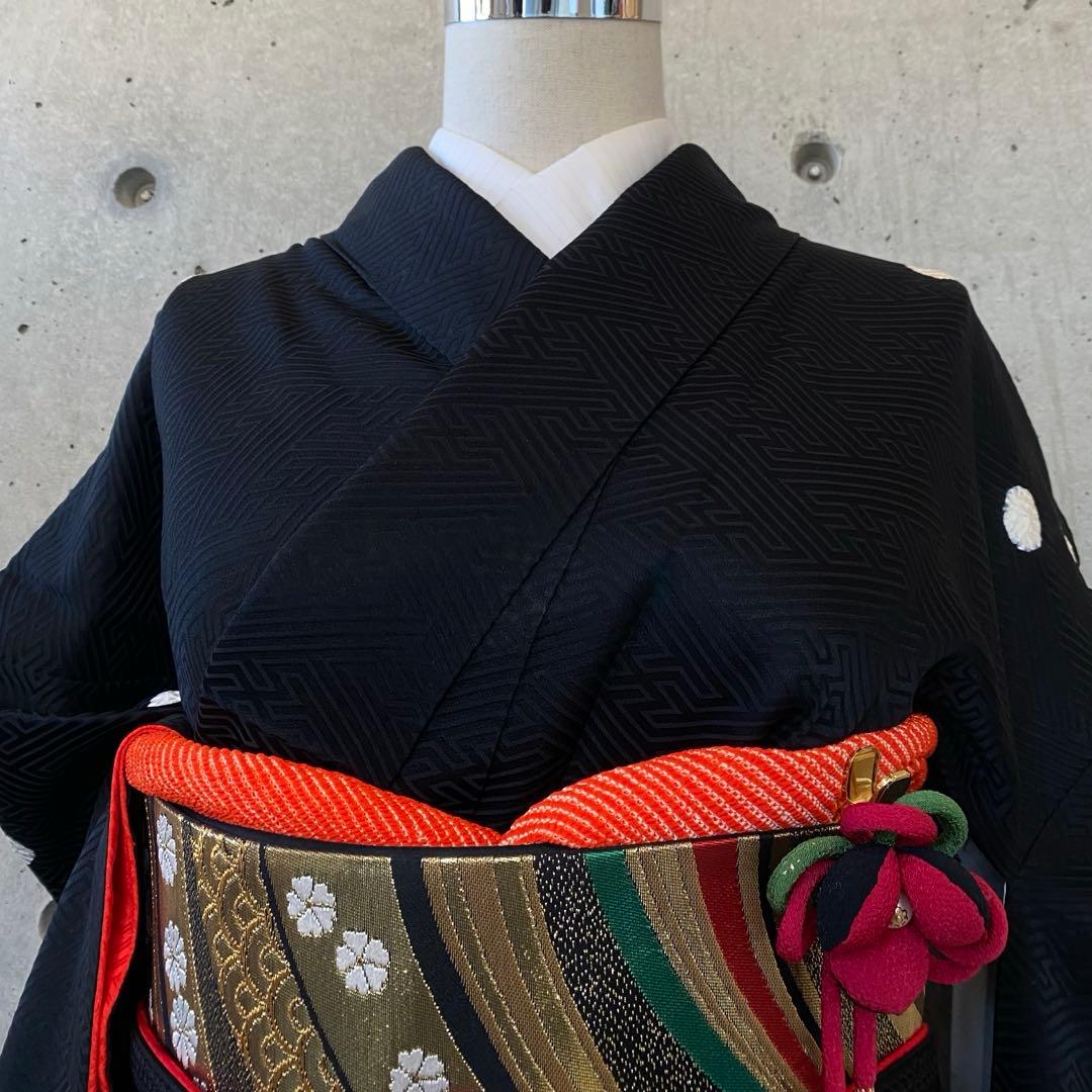 正絹　振袖　絞り　一部刺繍　ガード　黒　袷