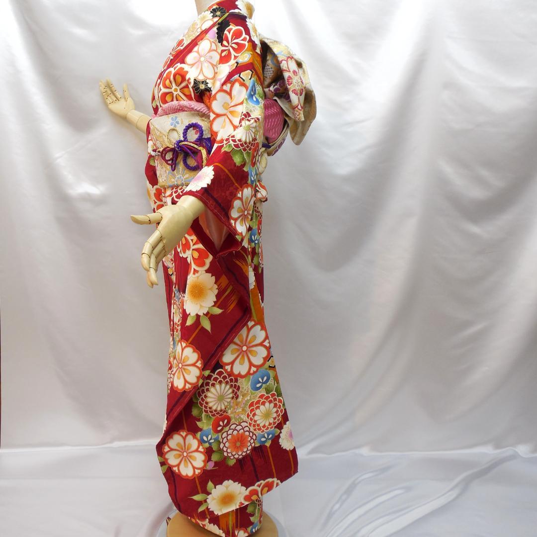 未使用品★洗える振袖　振袖フルセット　ポリ　成人式　振袖　M～Ｌサイズ　赤　花柄