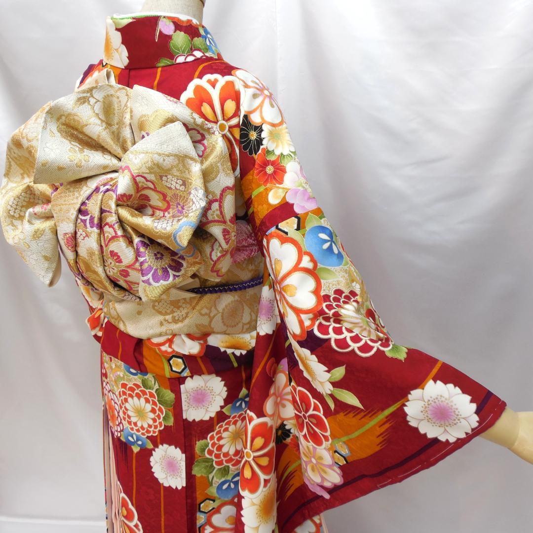 未使用品★洗える振袖　振袖フルセット　ポリ　成人式　振袖　M～Ｌサイズ　赤　花柄