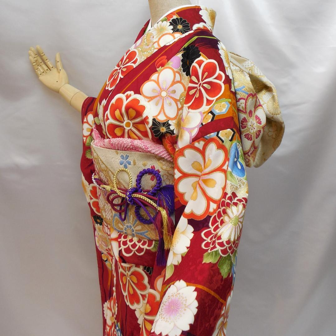未使用品★洗える振袖　振袖フルセット　ポリ　成人式　振袖　M～Ｌサイズ　赤　花柄
