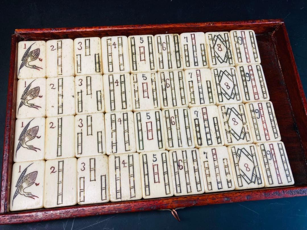 【竹牌】宝飾金具付唐木箱 背竹牌 麻雀牌 骨董品 アンティーク