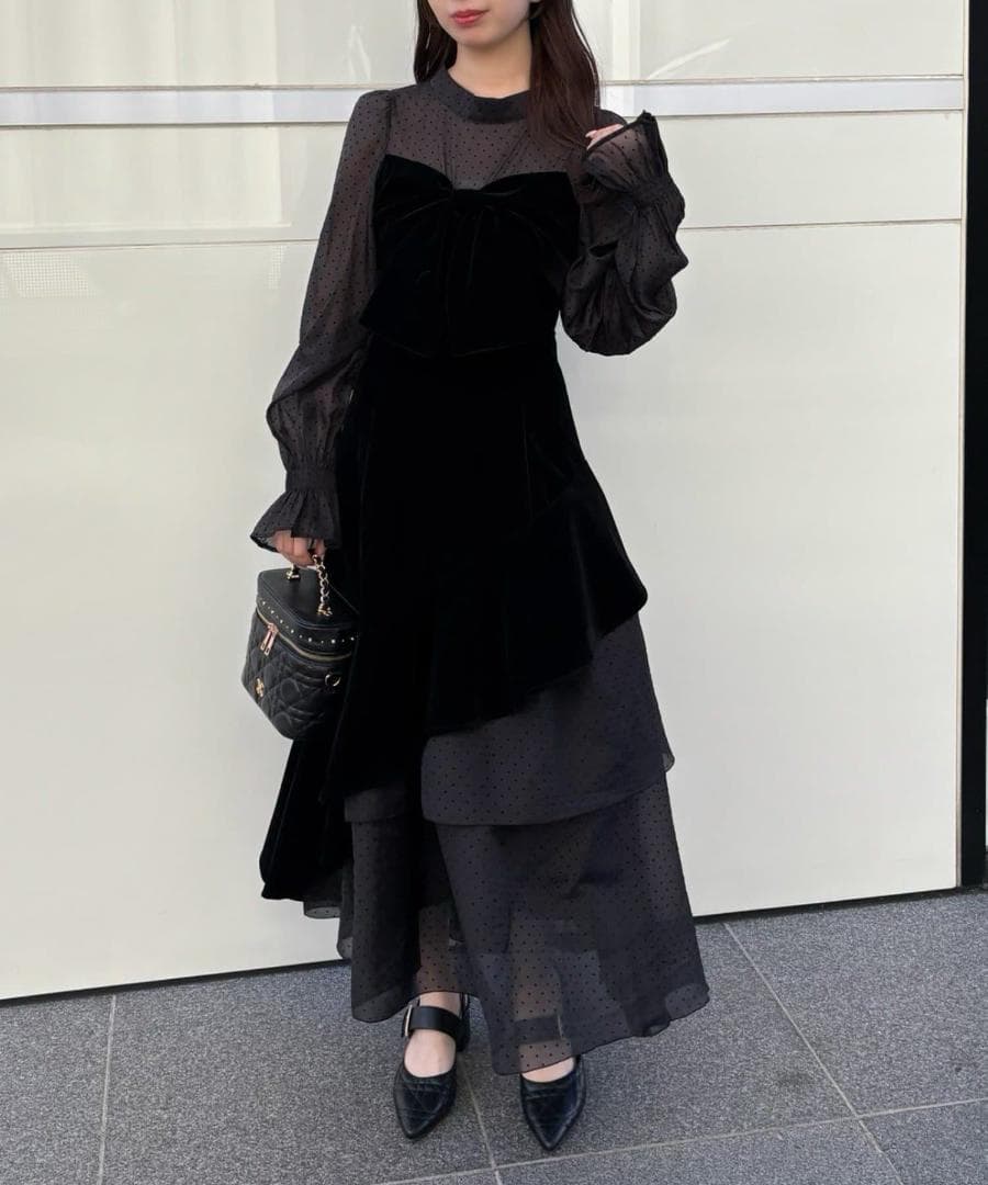 新品 NICE CLAUP オケージョン ベロアリボン異素材ロングワンピース