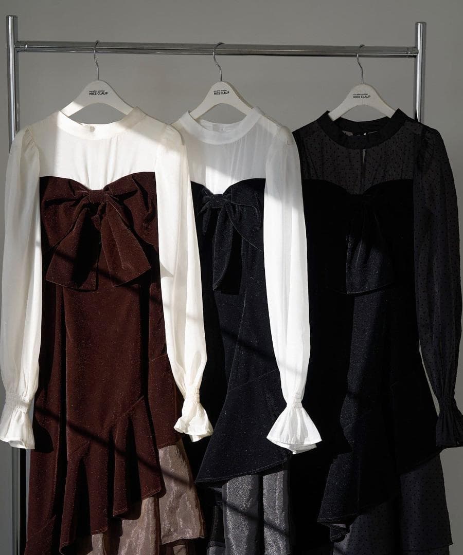 新品 NICE CLAUP オケージョン ベロアリボン異素材ロングワンピース