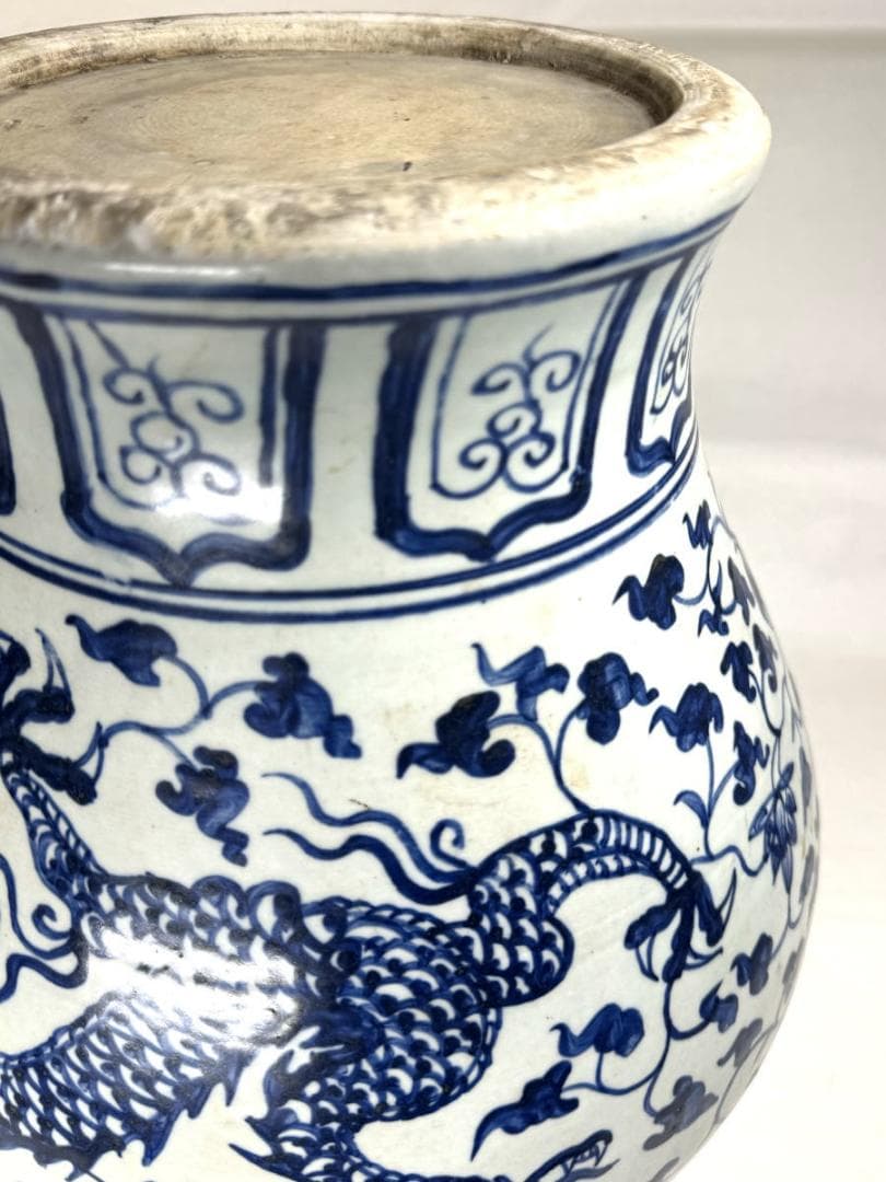 古染付 龍紋獅耳大壷 伝世品焼物 虫食い 青花 呉須 ウブ品 WWTT137