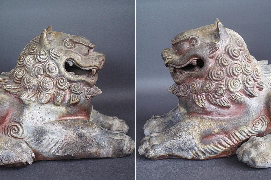 優品‼ 備前名工! 藤原陶斎 作『獅子置物』細工物 高19.5㎝ 横38㎝