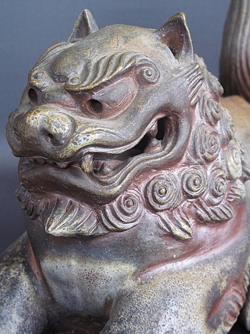 優品‼ 備前名工! 藤原陶斎 作『獅子置物』細工物 高19.5㎝ 横38㎝