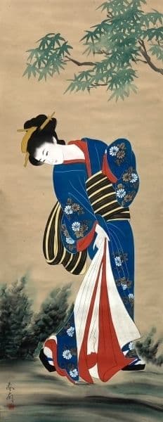 勝川春扇／２代目勝川春好 勝川春英師事「美人画」掛軸 絹本：江戸時代後期 浮世絵