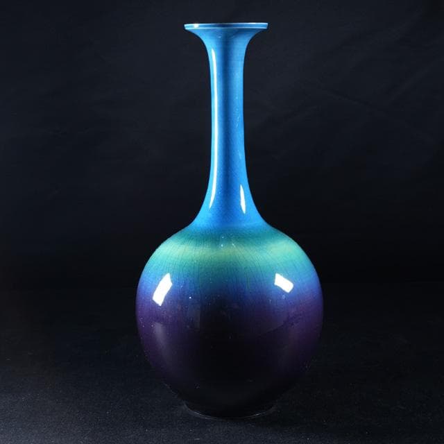 徳田正彦　碧明釉花生　共箱　人間国宝　徳田八十吉　九谷　花入　茶道具　鑑賞陶磁器