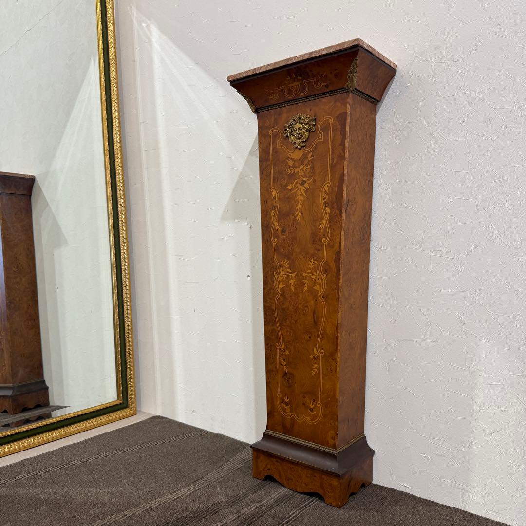 スペイン製　アンティーク　時計台　花台　真鍮　象嵌　大理石