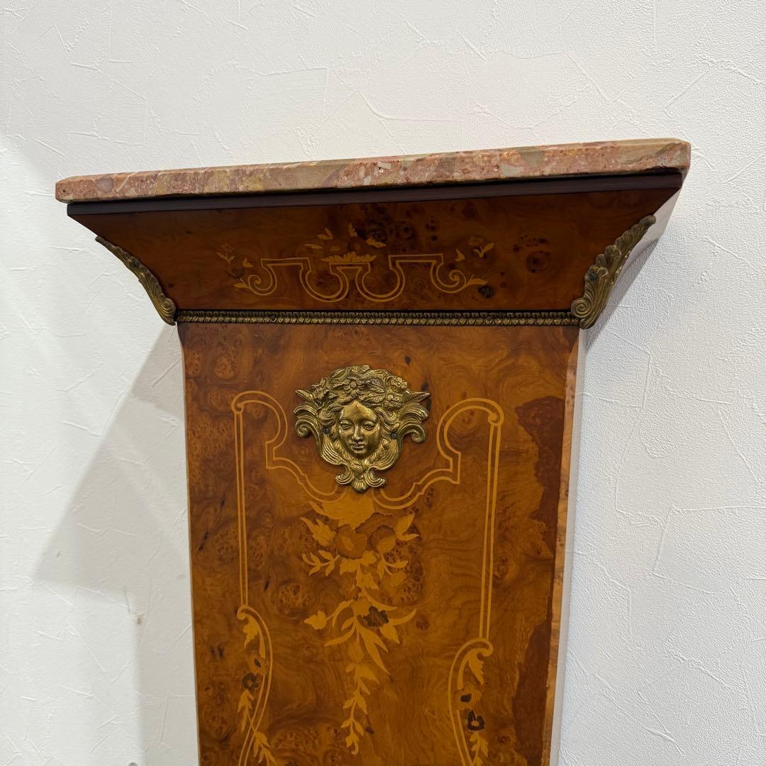 スペイン製　アンティーク　時計台　花台　真鍮　象嵌　大理石