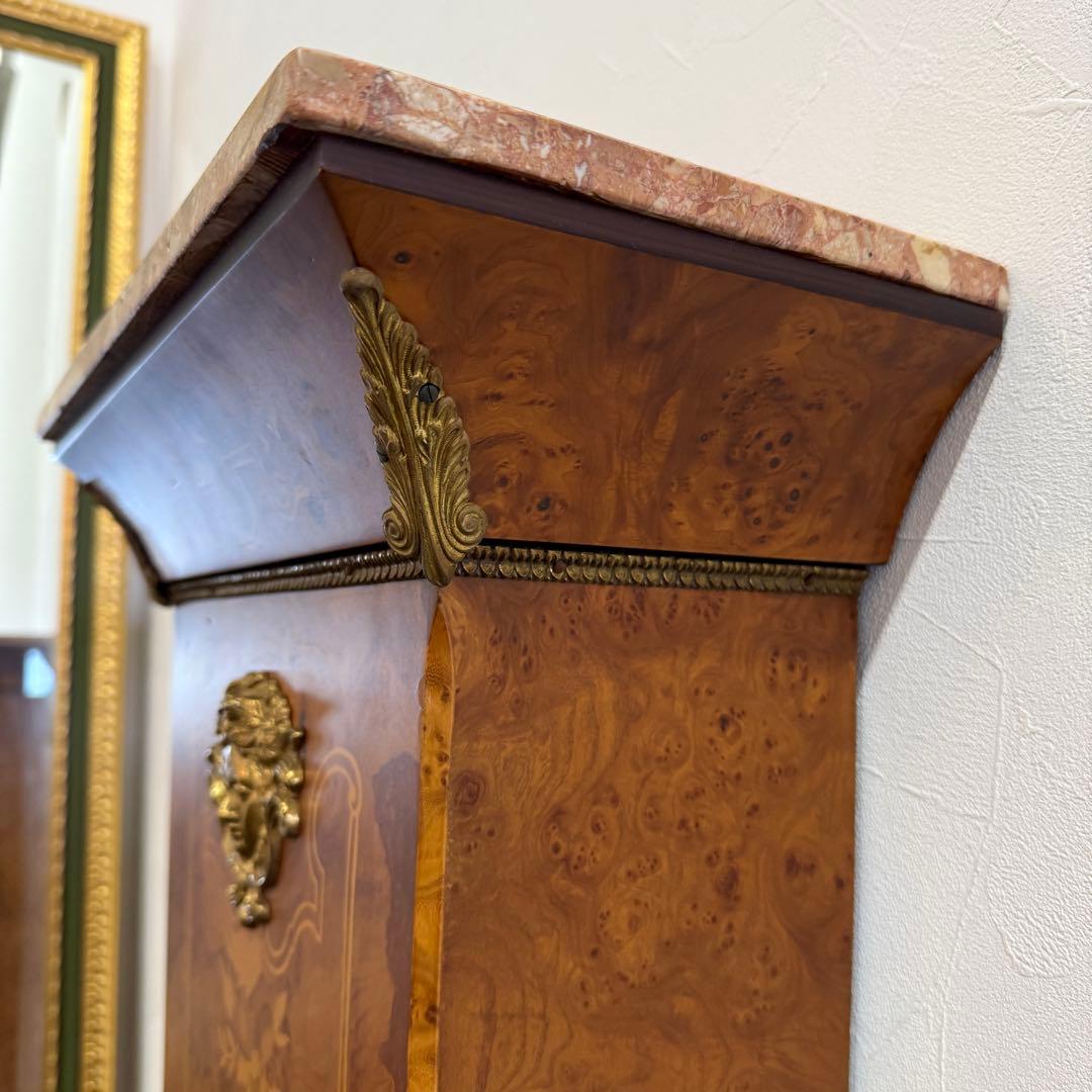 スペイン製　アンティーク　時計台　花台　真鍮　象嵌　大理石