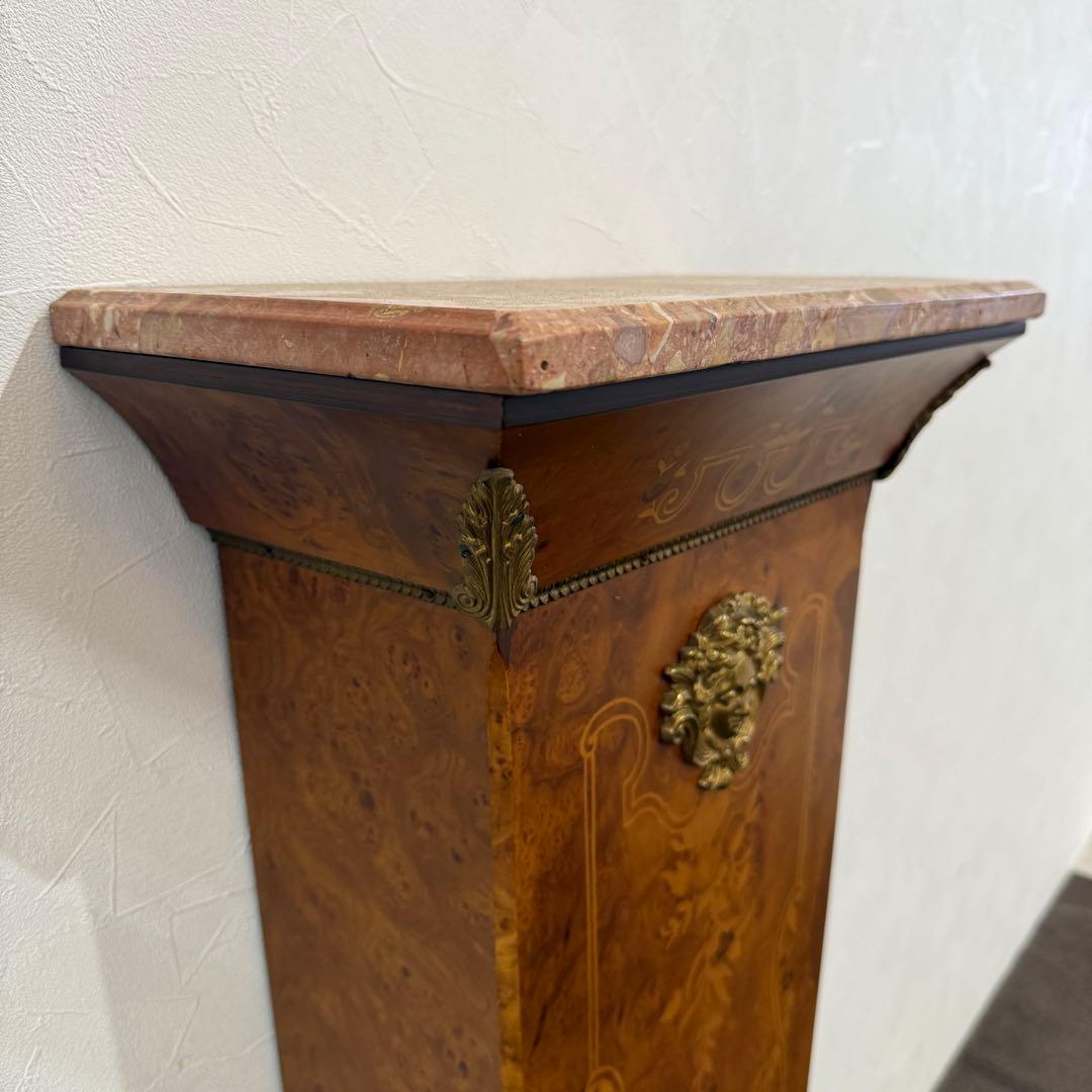 スペイン製　アンティーク　時計台　花台　真鍮　象嵌　大理石