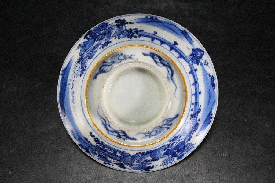 中国美術 倣古 青花 山水人物紋 蓋碗 祥瑞 五件 φ10.5cm 旧家蔵出