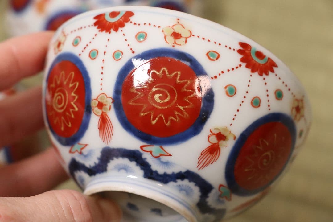 太明年製 赤玉瓔珞文 古伊万里 茶呑 茶碗 口径9.4cm 色絵 錦手MA423