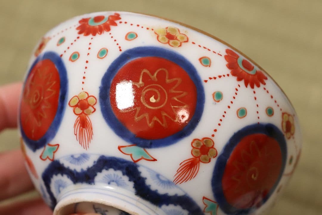 太明年製 赤玉瓔珞文 古伊万里 茶呑 茶碗 口径9.4cm 色絵 錦手MA423