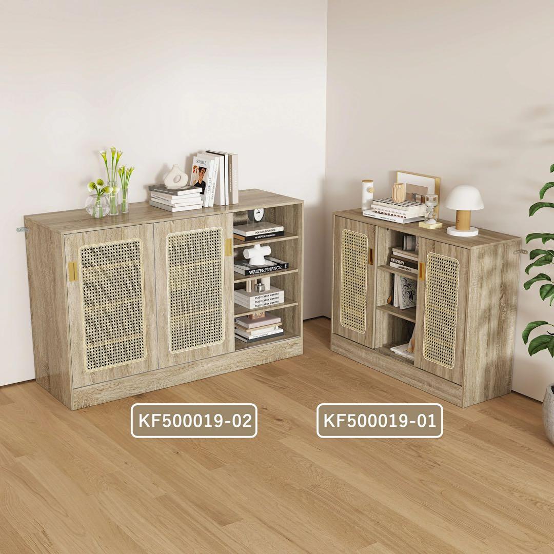 ラタンサイドボード 幅90cm スライドドア 扉付き 木製