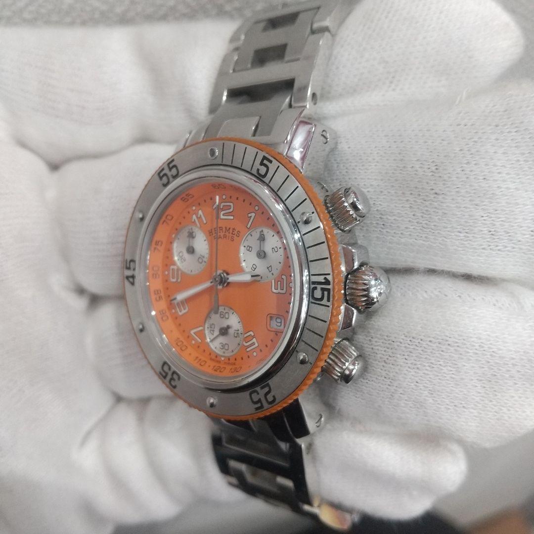 良品 エルメス クリッパー メンズ 腕時計 オレンジ 電池交換済み