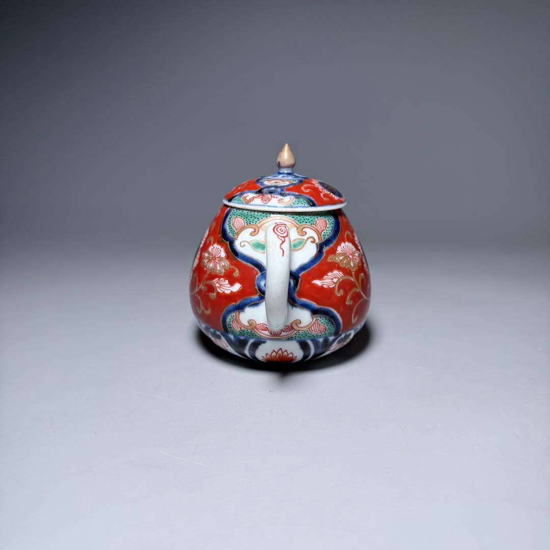 古伊万里　赤絵草花文様急須　アンティーク　ティーポット　桐箱付　江戸後期　大聖寺