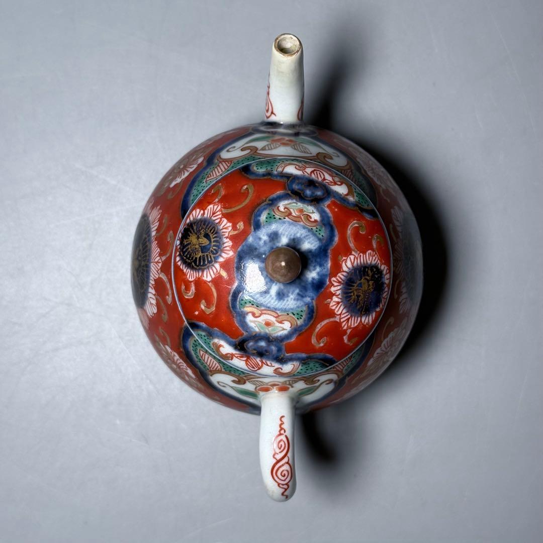 古伊万里　赤絵草花文様急須　アンティーク　ティーポット　桐箱付　江戸後期　大聖寺