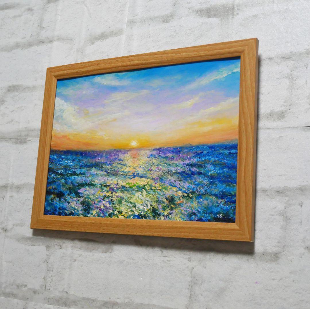 油絵 油彩 油彩画 絵 絵画【夕日に輝くネモフィラ】