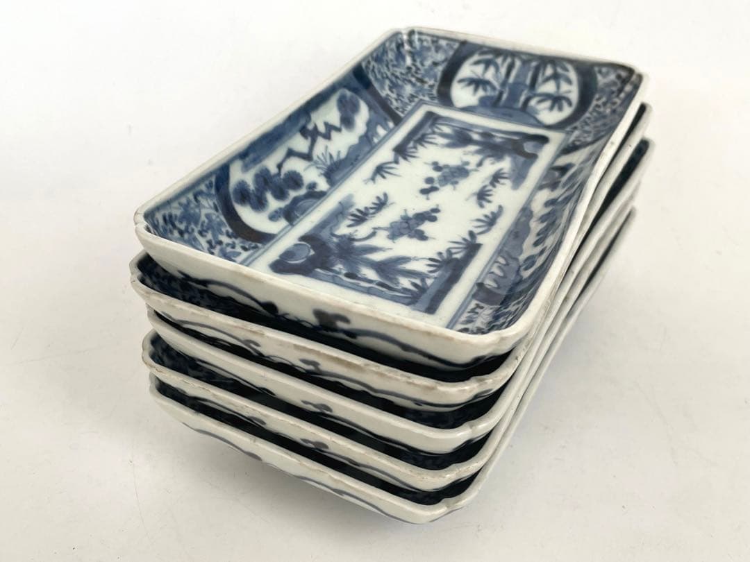 骨董　アンティーク　古伊万里　染付　松竹梅図　長方皿　長皿　鮎皿　向付