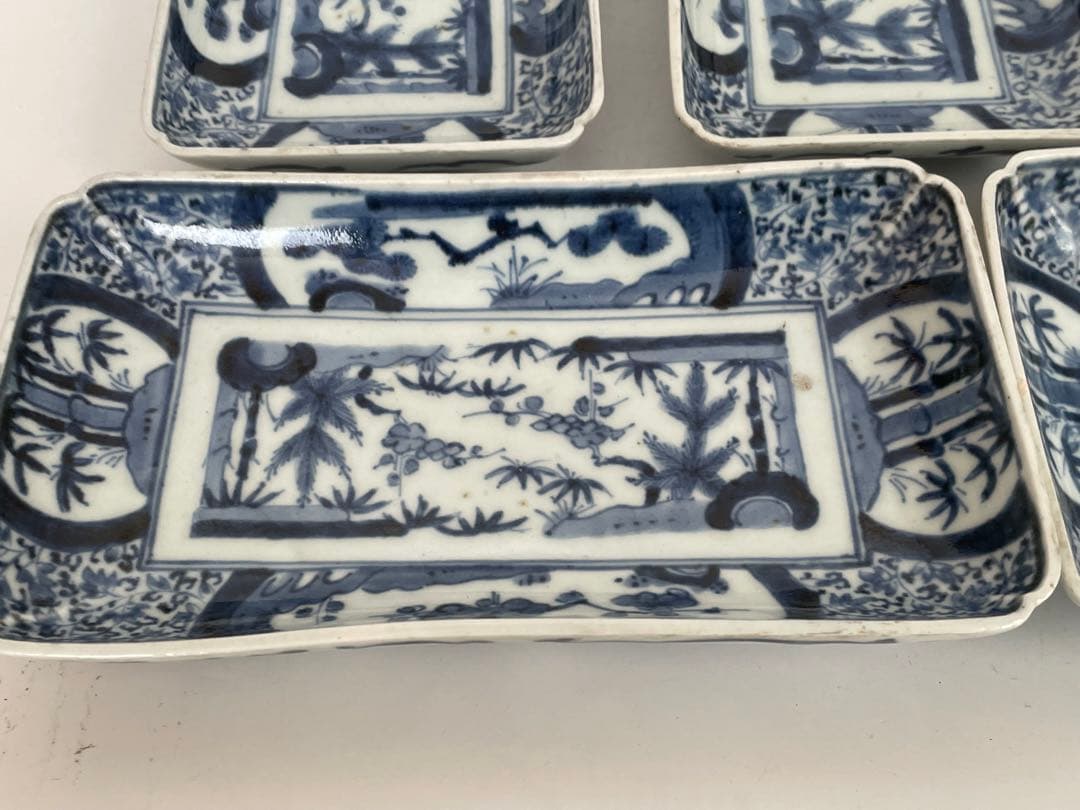 骨董　アンティーク　古伊万里　染付　松竹梅図　長方皿　長皿　鮎皿　向付