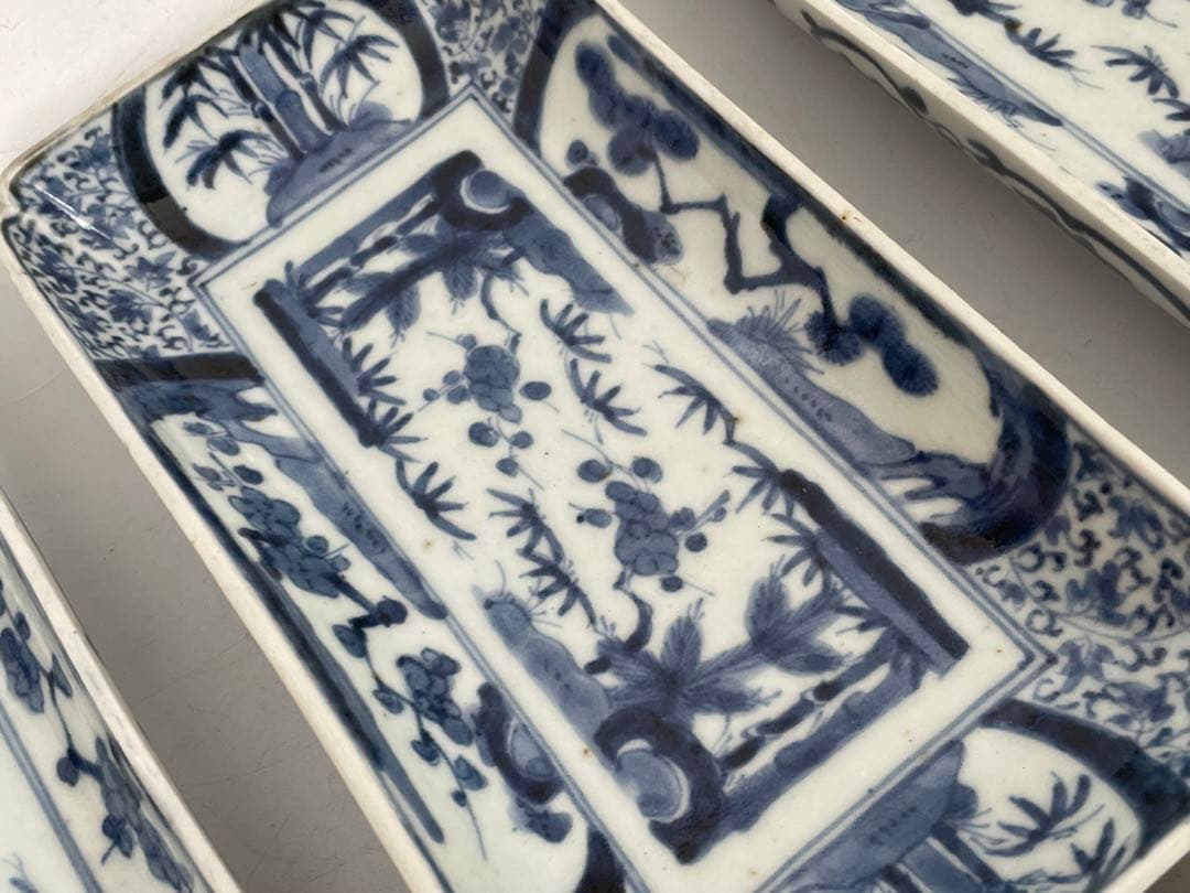 骨董　アンティーク　古伊万里　染付　松竹梅図　長方皿　長皿　鮎皿　向付