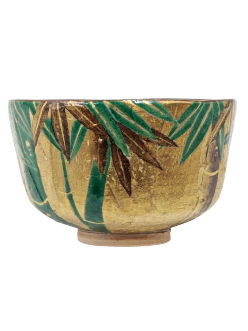 美品 【南口閑粋】『乾山写 金泥 竹 茶碗』底部在印 桐共箱 共布 栞 紙外箱