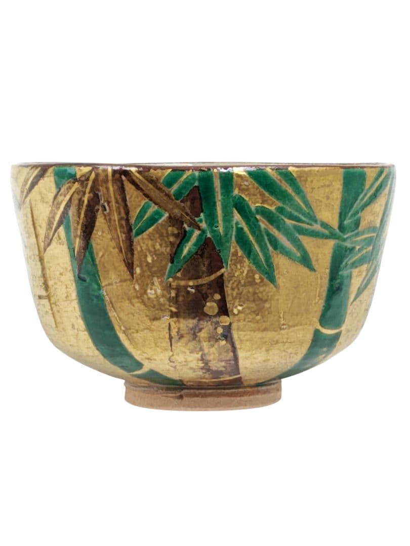 美品 【南口閑粋】『乾山写 金泥 竹 茶碗』底部在印 桐共箱 共布 栞 紙外箱