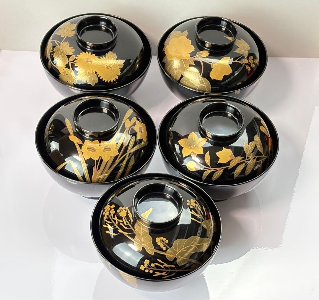 【未使用】越前漆器【源伸堂】蒔絵付　吸物椀5客セット 共箱栞付R7112328