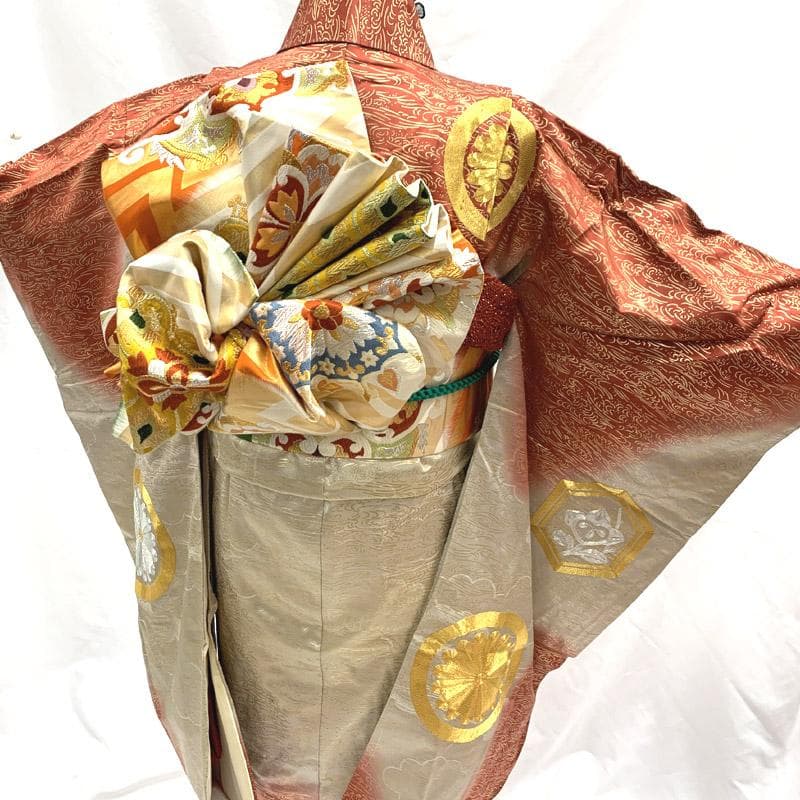 510aj15■ハーフ成人式 卒業式 女児 着物&袋帯&長襦袢 金彩■良好