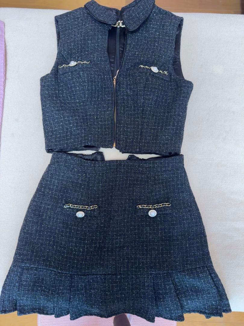 黒 ツイード風 ミニドレス ジッパー付き