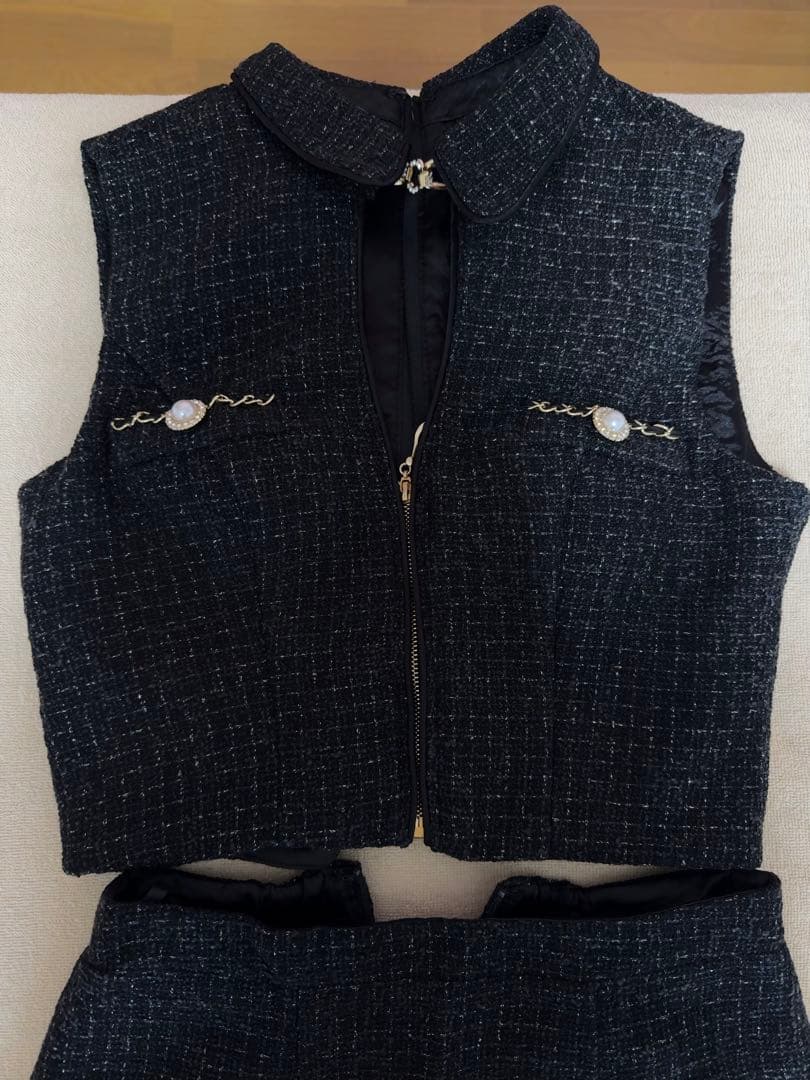 黒 ツイード風 ミニドレス ジッパー付き