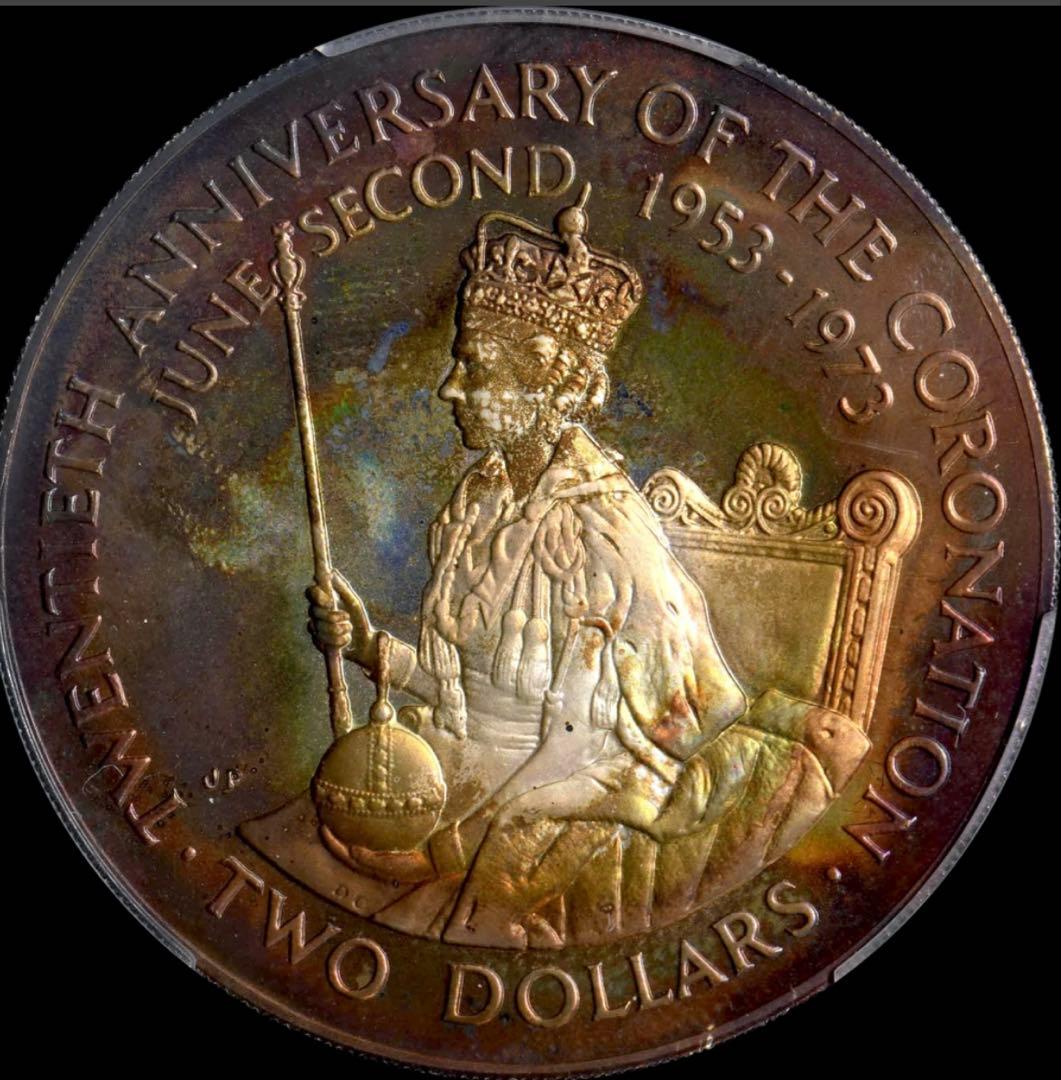 PCGS PR UNC D クック諸島 1973 ＄2銀貨 ERⅡ即位20年