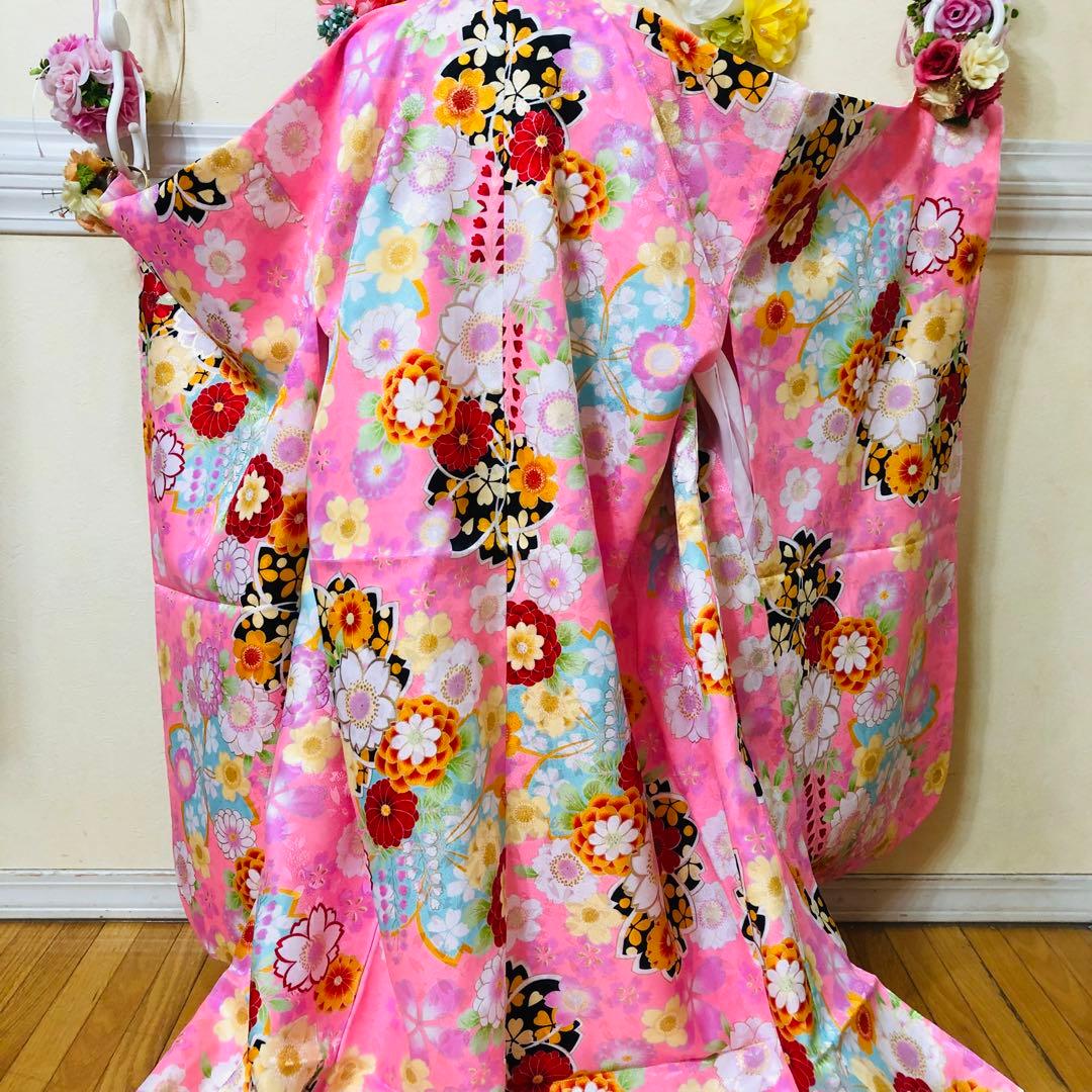 七五三七歳❣️四つ身着物未使用⭐︎薄ピンク花々金彩煌びやか絢爛⭐︎完全フルセット銘品