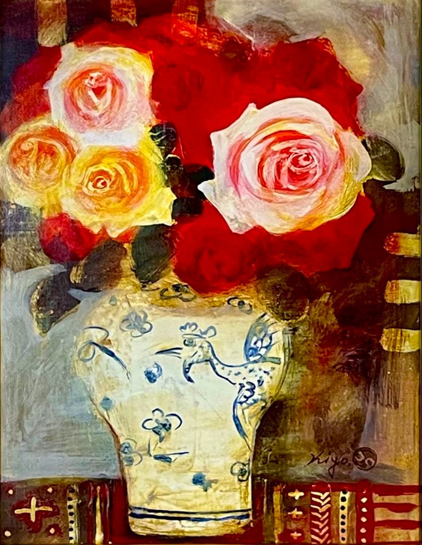 清原啓一　真作「李朝壺の薔薇」 油彩6号　サイン　裏面に題名・署名　格調高い名品
