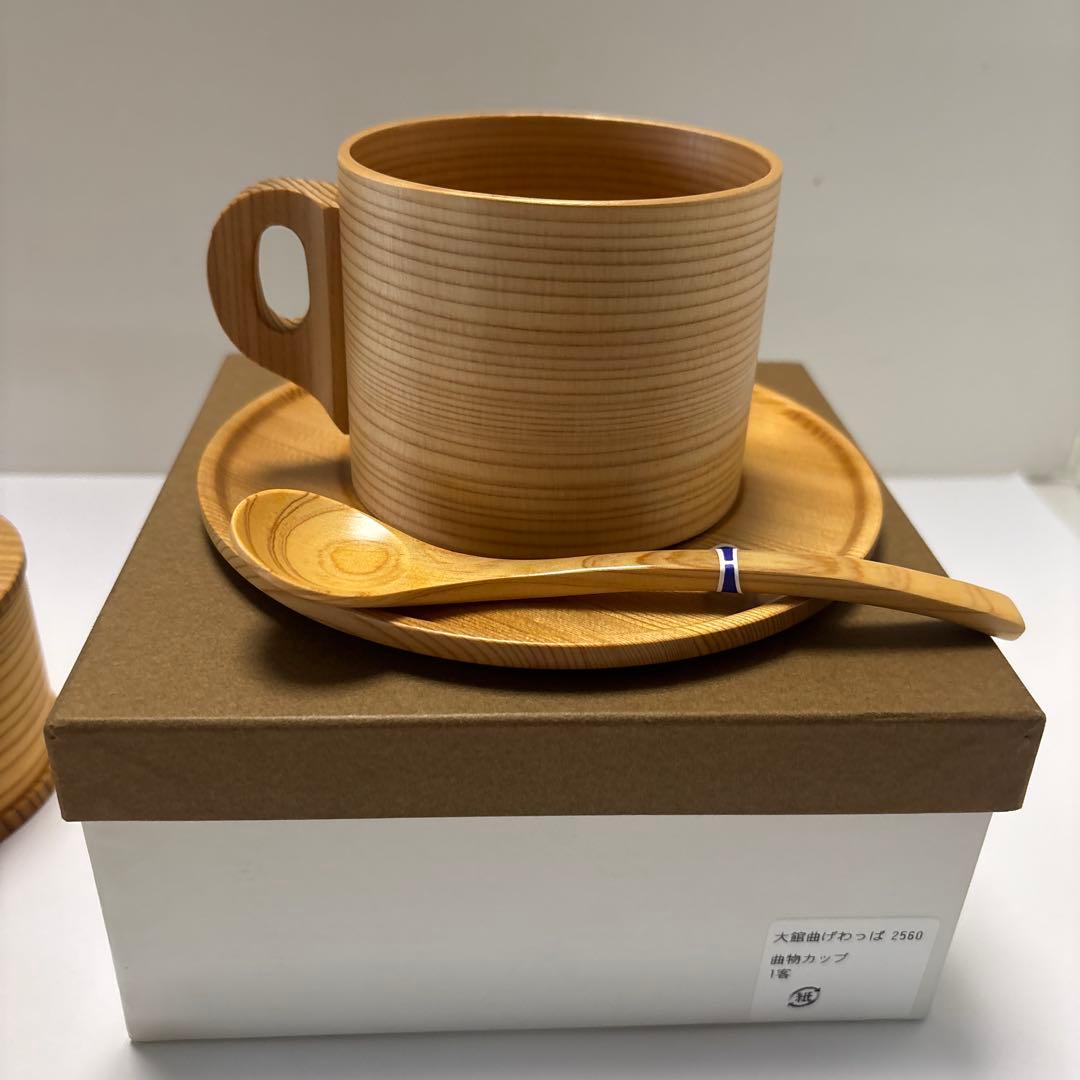 日本製 大館曲げわっぱ やぐら弁当 二段　と　曲物カップ　スプーン付セット未使用