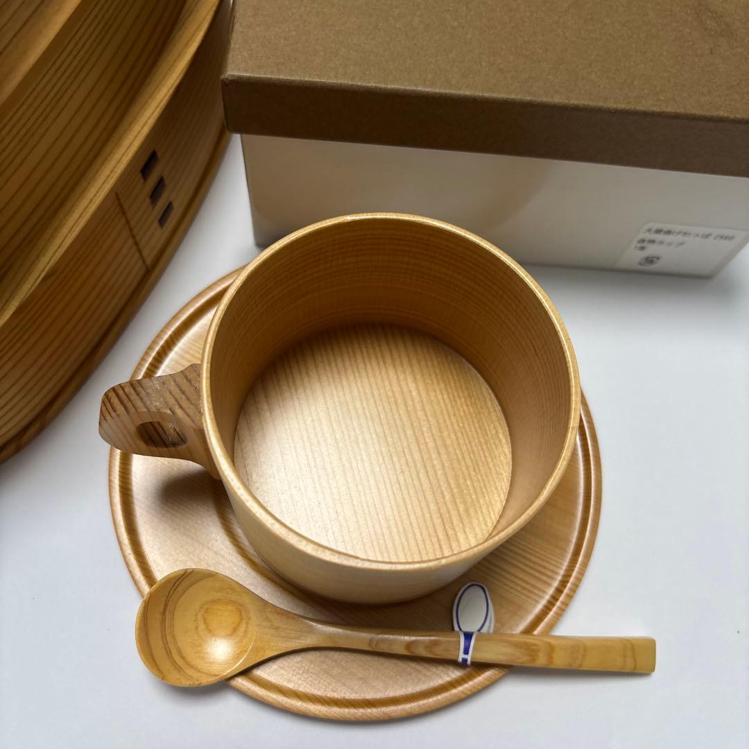 日本製 大館曲げわっぱ やぐら弁当 二段　と　曲物カップ　スプーン付セット未使用