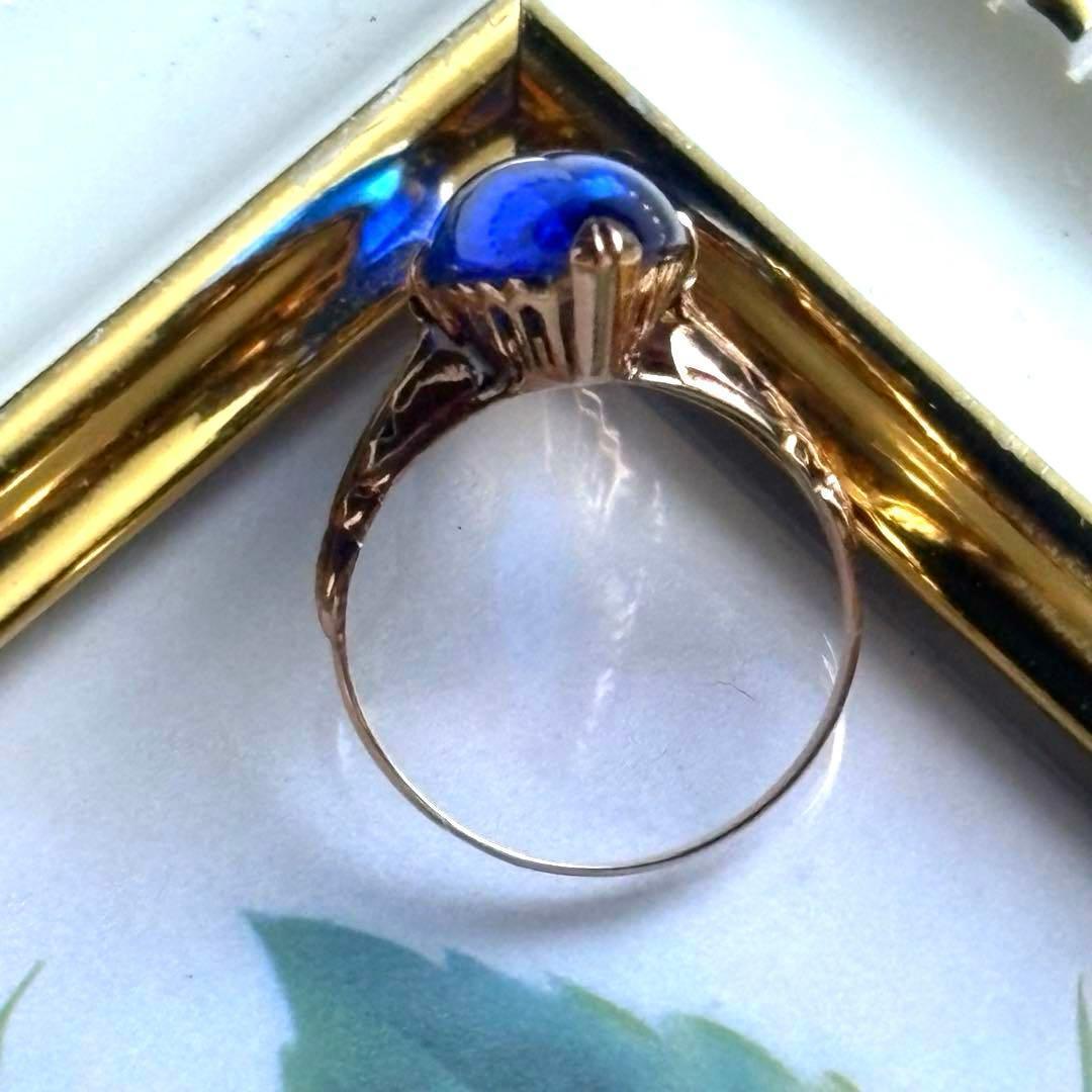 大幅値下げ K18 ゴールド 王冠透かし ブルー カボション リング 指輪