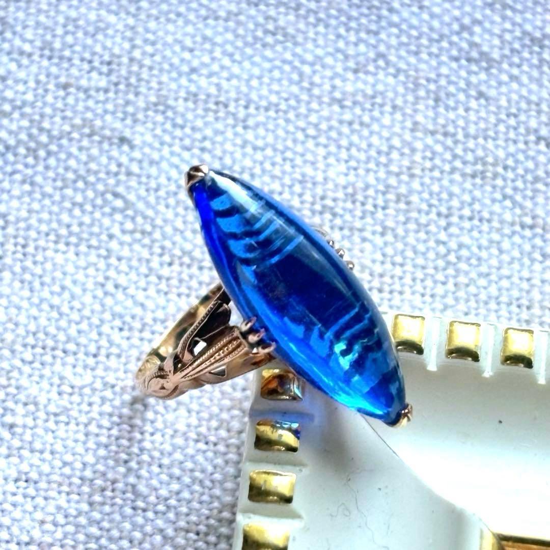 大幅値下げ K18 ゴールド 王冠透かし ブルー カボション リング 指輪