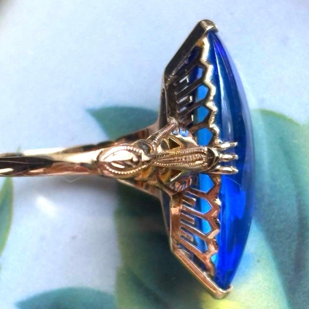 大幅値下げ K18 ゴールド 王冠透かし ブルー カボション リング 指輪