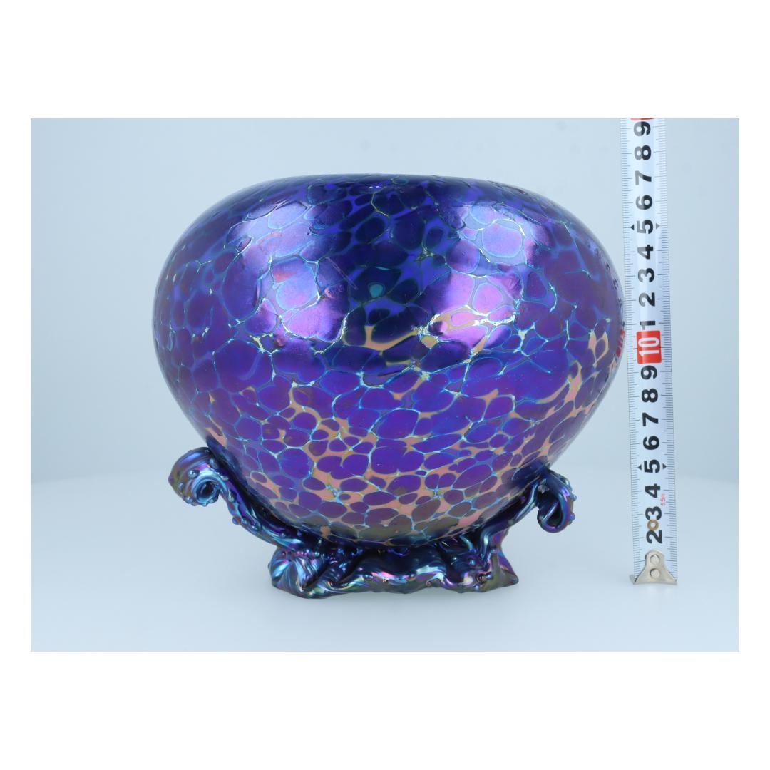 泡模様の紫色陶器 アート花瓶 オーロラ彩・細胞模様・彫刻的造形